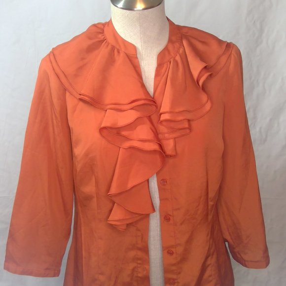 Burnt Orange Big Asymmetrical Ruffle Collar 3/4 Sleeve Blouse - Picture 2 of 6
